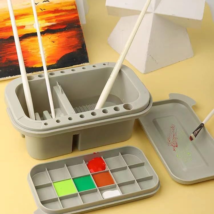 ZHQZZPH with Lid - 3-in-1 Organizer Includes Paint Palette & Water Cup, Portable Brush Storage & Cleaner Set for Acrylic/Oil Painting - Image 2
